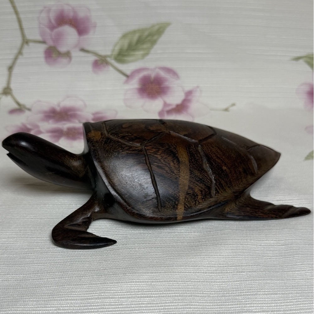 Vintage Hand Carved Wooden Sea Turtle Figurine 7" Dark Wood Coastal Decor